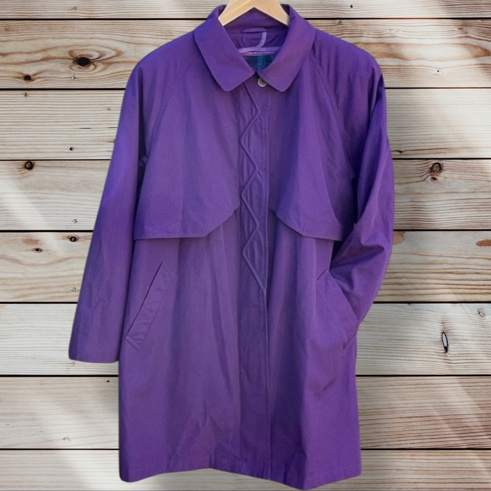 Vintage London Fog Trench Coat Jacket 14 Reg Purple Zipout Plaid Lining Classic